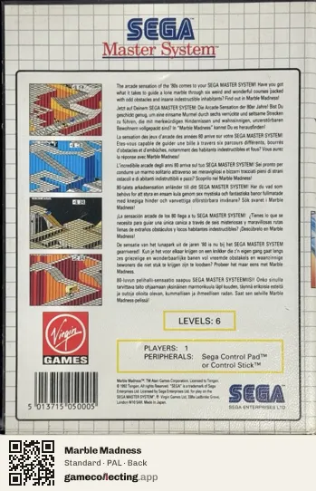 Marble Madness Sega Master System, PAL box back