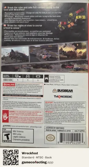 Wreckfest Nintendo Switch, NTSC box back