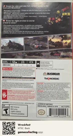 Wreckfest Nintendo Switch, NTSC box back
