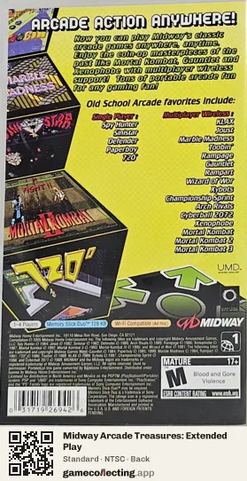 Midway Arcade Treasures: Extended Play PlayStation Portable, NTSC box back