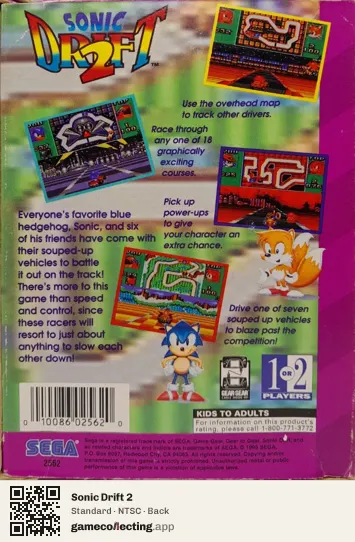 Sonic Drift 2 Sega Game Gear, NTSC box back