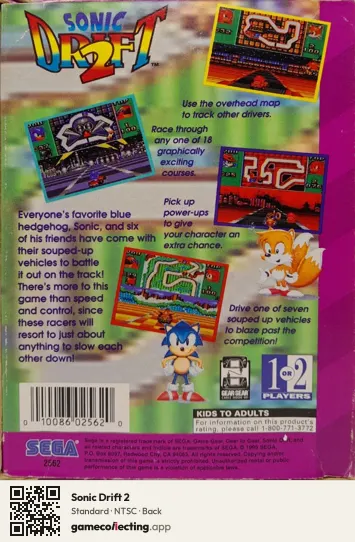 Sonic Drift 2 Sega Game Gear, NTSC box back