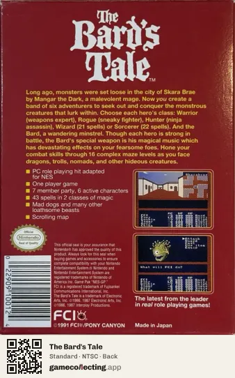 The Bard's Tale Nintendo Entertainment System, NTSC box back