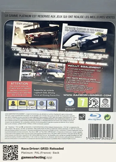 Race Driver: GRID: Reloaded PlayStation 3, France box back