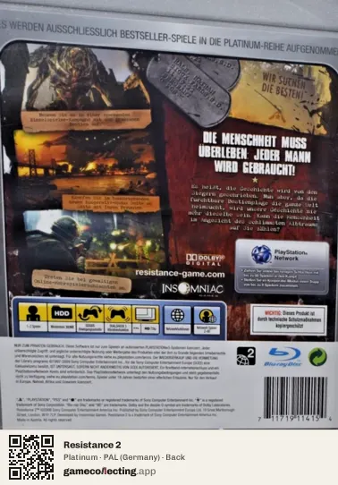 Resistance 2 PlayStation 3, Germany box back