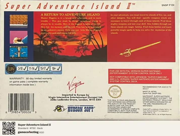 Super Adventure Island II Super Nintendo Entertainment System, NTSC box back