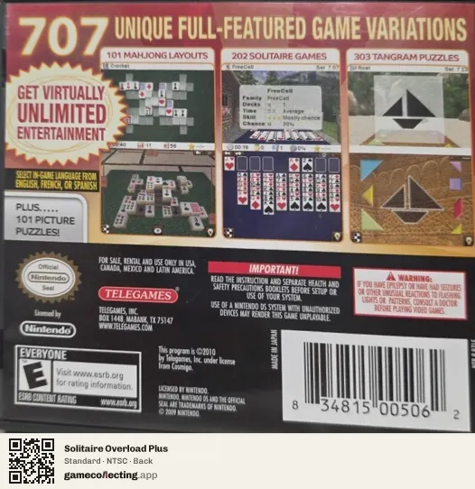 Solitaire Overload Plus Nintendo DS, NTSC box back