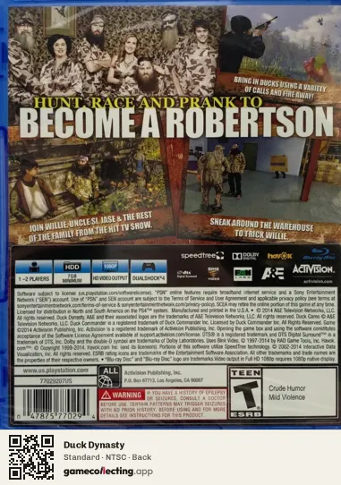 Duck Dynasty PlayStation 4, NTSC box back