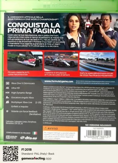 F1 2018 Xbox One, Italy box back