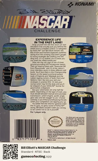 Bill Elliott's NASCAR Challenge Nintendo Entertainment System, NTSC box back