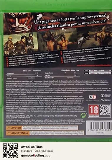 Attack on Titan Xbox One, Italy box back