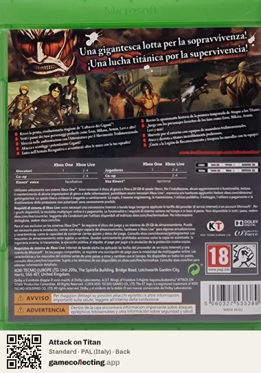 Attack on Titan Xbox One, Italy box back