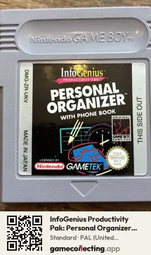 InfoGenius Productivity Pak: Personal Organizer and Phone Book Game Boy, PAL cartridge label