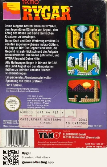 Rygar Nintendo Entertainment System, PAL box back