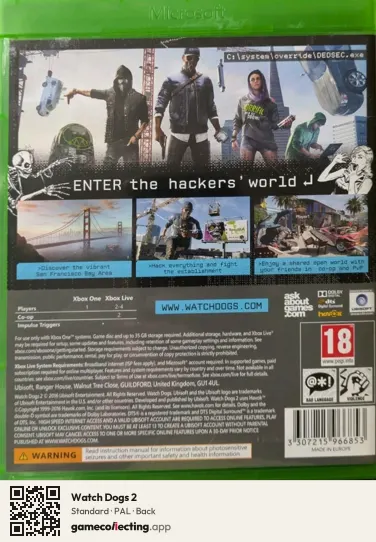 Watch Dogs 2 Xbox One, PAL box back