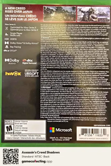 Assassin's Creed Shadows Xbox Series X, NTSC box back