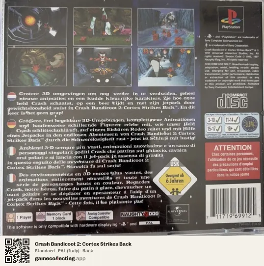 Crash Bandicoot 2: Cortex Strikes Back PlayStation, Italy box back