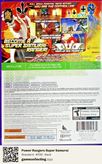 Power Rangers Super Samurai Xbox 360, NTSC box back