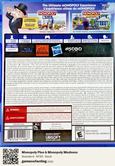Monopoly Plus & Monopoly Madness PlayStation 4, NTSC box back