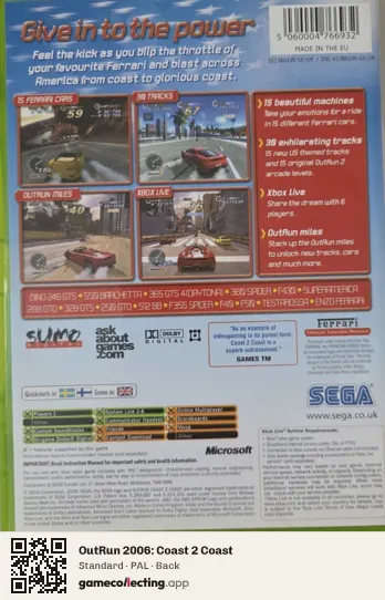 OutRun 2006: Coast 2 Coast Xbox, PAL box back