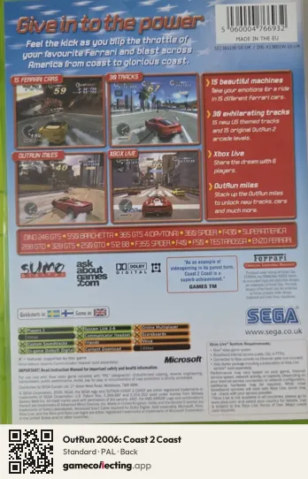 OutRun 2006: Coast 2 Coast Xbox, PAL box back