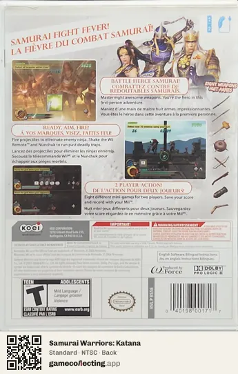 Samurai Warriors: Katana Nintendo Wii, NTSC box back