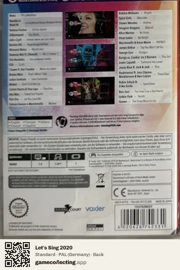 Let's Sing 2020 Nintendo Switch, Germany box back