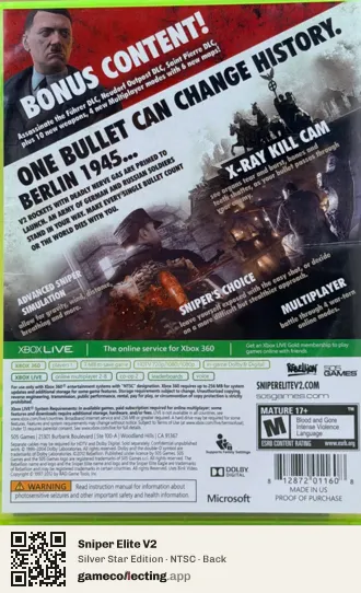 Sniper Elite V2 Xbox 360, NTSC box back