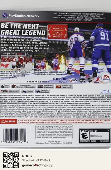 NHL 12 PlayStation 3, NTSC box back