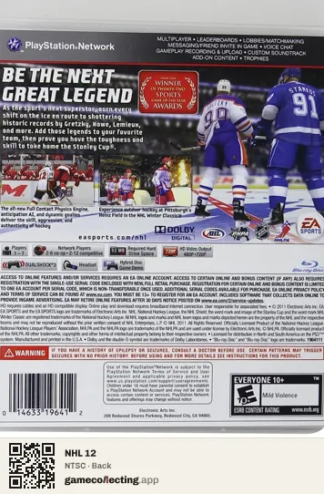 NHL 12 PlayStation 3, NTSC box back