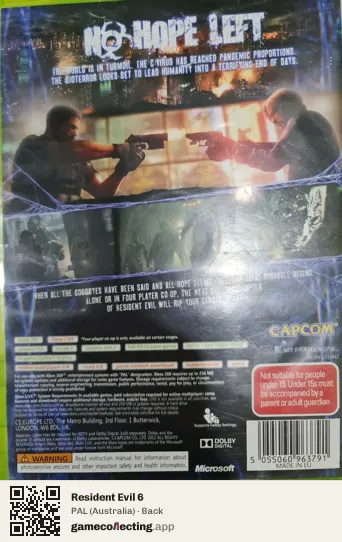 Resident Evil 6 Xbox 360, Australia box back