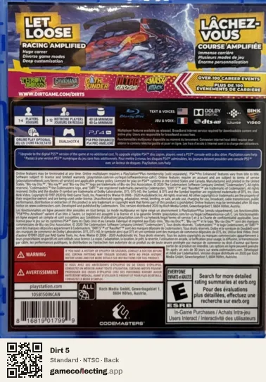 Dirt 5 PlayStation 4, NTSC box back