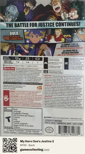 My Hero One's Justice 2 Nintendo Switch, NTSC box back