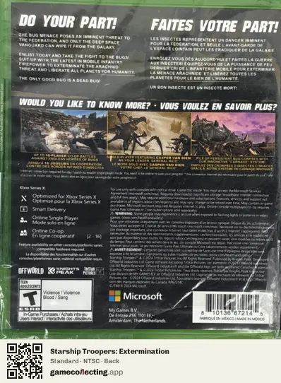 Starship Troopers: Extermination Xbox Series X, NTSC box back