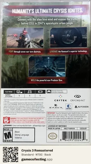 Crysis 3 Remastered Nintendo Switch, NTSC box back