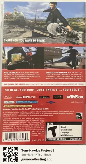 Tony Hawk's Project 8 PlayStation Portable, NTSC box back