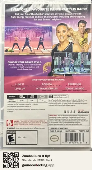 Zumba Burn It Up! Nintendo Switch, NTSC box back
