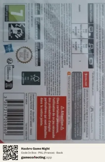 Hasbro Game Night Nintendo Switch, France box back