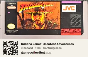 Indiana Jones' Greatest Adventures Super Nintendo Entertainment System, NTSC cartridge label