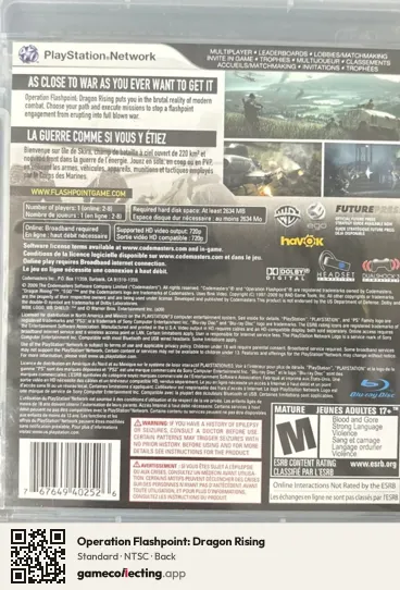 Operation Flashpoint: Dragon Rising PlayStation 3, NTSC box back