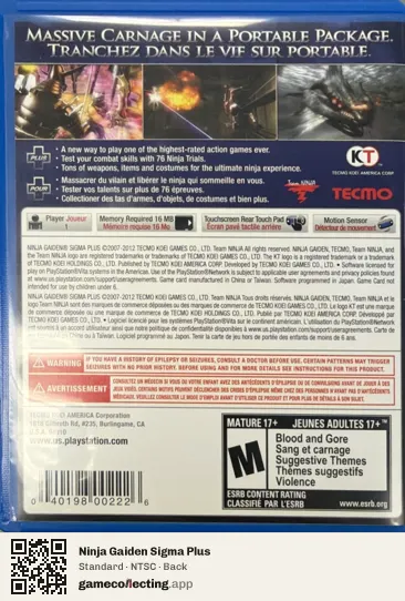 Ninja Gaiden Sigma Plus PlayStation Vita, NTSC box back