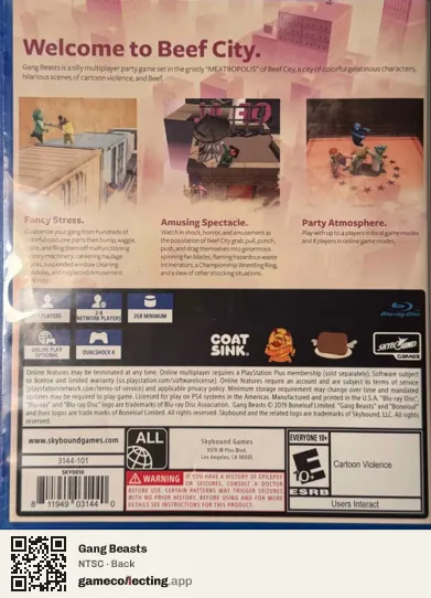 Gang Beasts PlayStation 4, NTSC box back