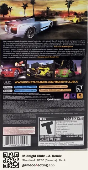 Midnight Club: L.A. Remix PlayStation Portable, Canada box back