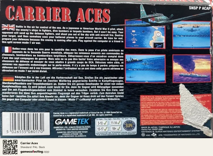 Carrier Aces Super Nintendo Entertainment System, PAL box back