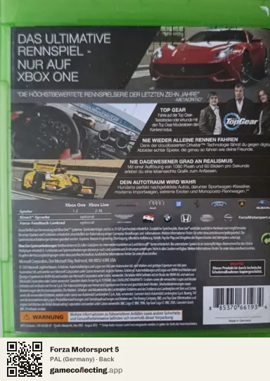 Forza Motorsport 5 Xbox One, Germany box back