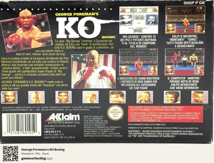 George Foreman's KO Boxing Super Nintendo Entertainment System, PAL box back