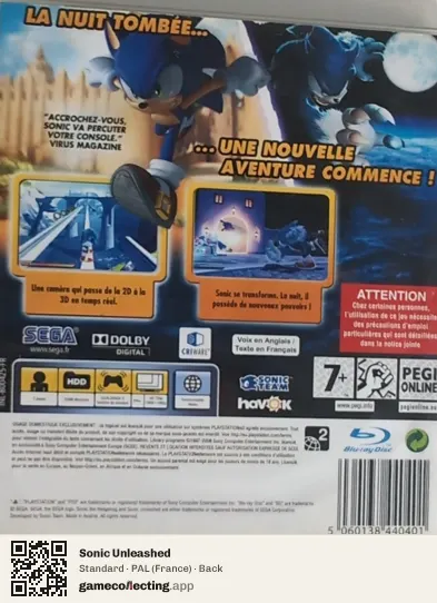Sonic Unleashed PlayStation 3, France box back