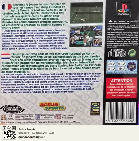 Actua Tennis PlayStation, Germany box back