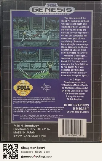 Slaughter Sport Sega Mega Drive / Genesis, NTSC box back