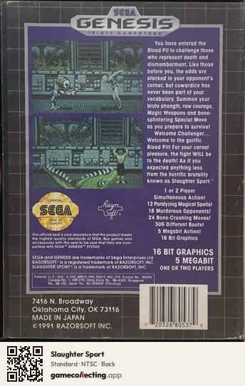 Slaughter Sport Sega Mega Drive / Genesis, NTSC box back